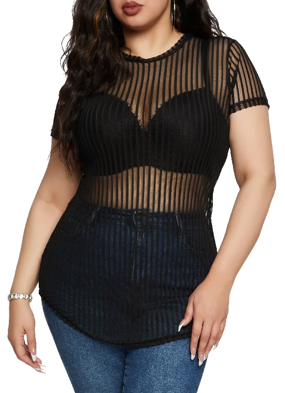 Plus Size Shadow Stripe Mesh Tunic Tee