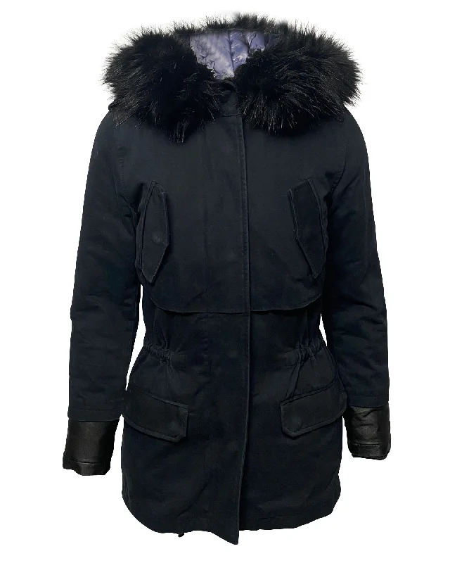 Maje Long Down Jacket with Fur Trim Hoodie in Blue Nylon